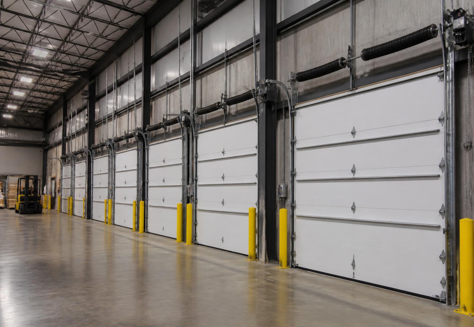 Row of commercial overhead doors inside a warehouse