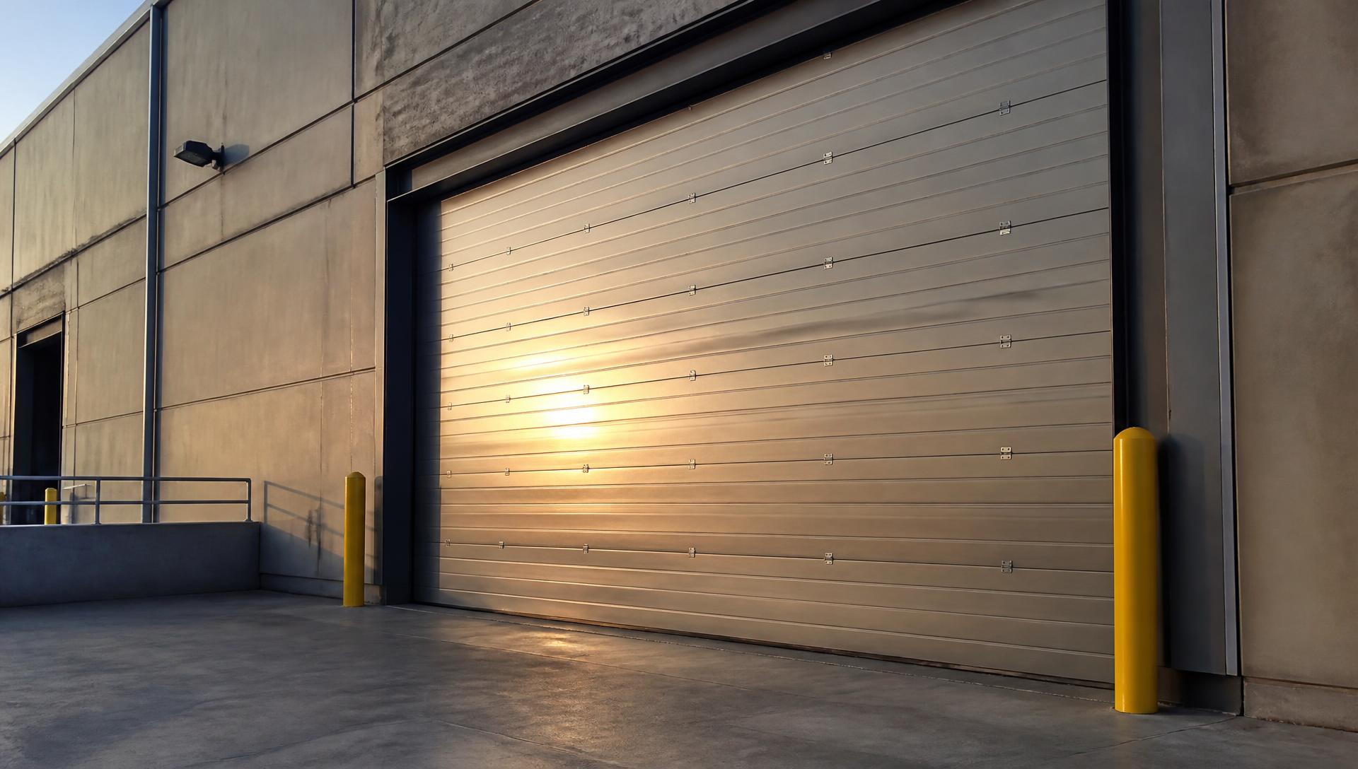 Large commercial overhead garage door on a concrete tilt-wall warehouse